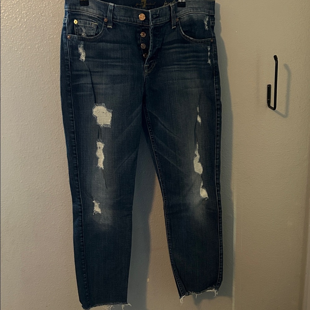 7 For All Mankind Dark Blue Distressed Boyfriend Jeans
